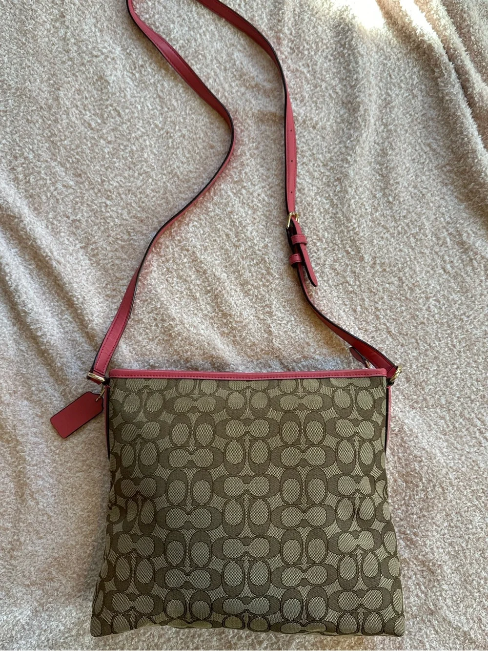 Coach Beige Signature Crossbody with Pink Leather Trim